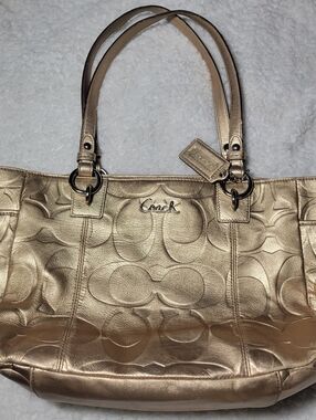 Vintage Coach Gold Metallic Embossed Signature Tote Bag Purple Lining  Bag Y2K